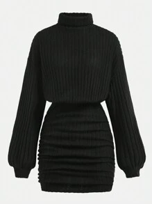 SHEIN Girlism 少女黑色罗纹针织高领宽松腰部修身褶皱紧身中长连衣裙，休闲街头优雅复古百搭衬里长袖裙子 - 黑色 - 查看 6