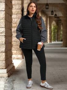 EMERY ROSE Plus Size Black Plain Front Zip Sleeveless Minimalist Down& Feathers Jacket, Casual Everyday Wear,Winter Women Coat
