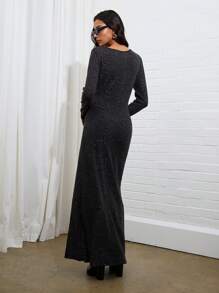 COSMINA Vestido de manga larga con cuello redondo, volantes y abertura alta en unicolor para mujer