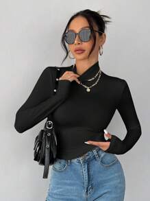 SHEIN PETITE Solid Color Slim High Collar Long Sleeve White Top - Black - View 6