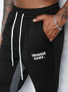 Manfinity Roghcode Men's Letter Print Drawstring Waist Side Pocket Straight Loose Casual Black Sweatpants,Autumn Streetwear Workout Color Block Long Pants For Rave - Black - View 8
