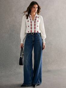 Poéselle White Linen Embroidered Red Flower Long Sleeve Blouse, Women Embroidery Embellished Long Sleeve Tops, Fall Women's, Bohemian Style, Featuring Intricate Embroidery, Luxurious Fabric And Excellent Breathability, Perfect For Daily Wear, Commuting, Vacation And Home Leisure. - White - View 1