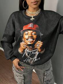 Slaydiva Áo nỉ lót nhiệt cổ tròn tay dài giản dị đường phố mùa thu đông mới trễ vai rộng rãi in logo khẩu hiệu cho nam - màu đen - Xem 6