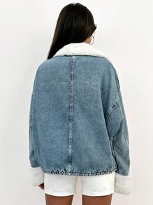 RueChic WOMEN DENIM FUR DETAILED DENIM JACKET - Light Wash - View 2