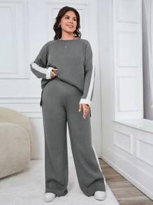 EURMUSE Plus Size Sweater And Pants Two-Piece Set With Raglan Sleeve, For Winter - Dark Grey - View 6