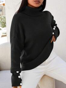SHEIN Cottnline كنزة صوفية بتصميم سادة بياقة عالية، أكمام طويلة، كاجوال بسيط، للارتداء في الشتاء، مقاس كبير الحجم - الأسود - مشاهدة 4