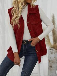 EMERY ROSE Women's Plain Front Button Casual Sleeveless Thin Jacket - Burgundy - View 4