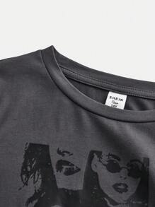 SHEIN Girlism Áo thun tay dài cổ tròn in hình chân dung cho bé gái tuổi teen - Xám - Xem 4
