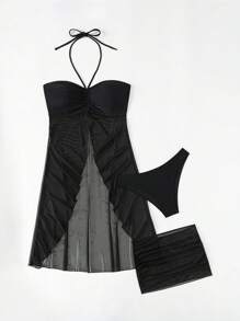 Swim Basics 夏季海滩女士露背系带开衩下摆比基尼套装（3 件）黑色罩衫 3 件套泳衣 - 黑色 - 查看 3