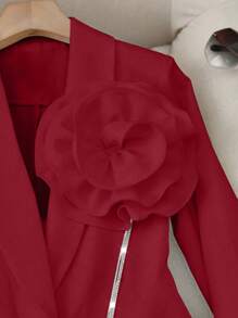 SHEIN Clasi 女士前扣长袖花卉装饰简约上衣和裤子休闲套装新年衣服 - 紅色 - 查看 4