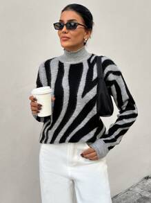 RueChic Women Zebra Print High Neck Brushed Pullover, Casual For Daily Wear - Black and White - View 2