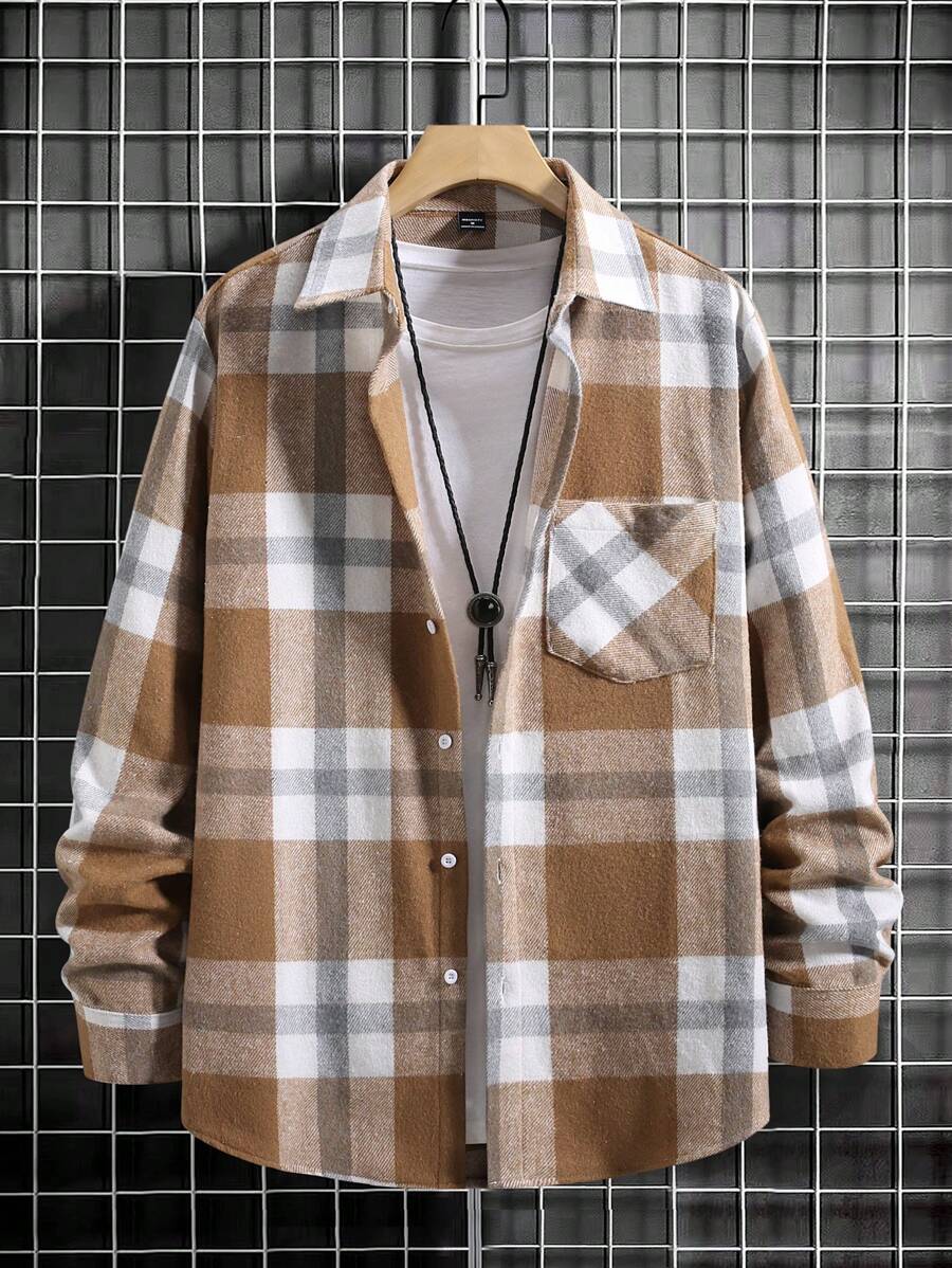 Manfinity Homme 男士休闲格子长袖单排扣衬衫，秋季 - 駝色 - 查看 1