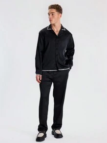 Musero Long Sleeve Light Weight Satin Button Through Shirt Revere Collar Contrast Stitch Top Spring Summer Essentials - Black - View 4