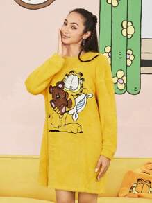 GARFIELD | SHEIN Women Yellow Christmas New Year Eve Cute Casual Embroidered Cartoon Pattern Drop Shoulder Loose Double Fleece Sleep Dress Warm Cold Weather Thermal Fluffy Winter Fleece Holiday Sleep Dress, Fall/Winter, Cozy - Yellow - View 5