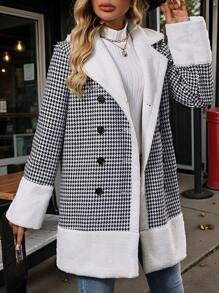 SHEIN Clasi 女士秋冬经典千鸟格双排扣加垫大衣 - 黑與白 - 查看 1