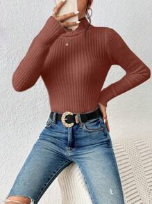 SHEIN Frenchy Turtleneck Ribbed Knit Grain Bodycon Sweater Christmas Winter Casual - Redwood - View 5