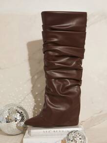 SHUZIA Tall Slouch Wedge Boots Holiday Vacay Vibe For Summer Shoes Spring Shoes Spring Break Easter For Christmas - Brown - View 4