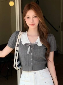 DAZY 1件女式短袖拼色开衫秋季 - 灰色 - 查看 3