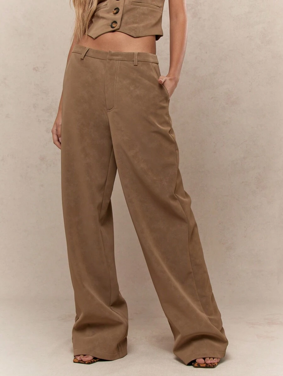 MISSGUIDED Suede Finish Tailored Wide Leg Pants Office Wear - Brown - View 1