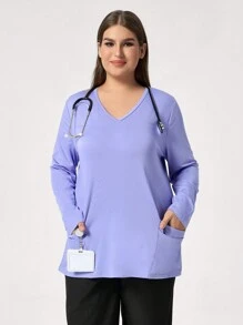 TaskEZ Solid Color V-Neck Long Sleeve Pocket Casual Simple Nurse Uniform Scrub Top, Plus Size - Multicolor - View 8
