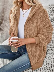 SHEIN LUNE 1 chiếc áo khoác dài tay có mũ trùm đầu màu xám có họa tiết lông mịn có khóa kéo - màu nâu - Xem 8