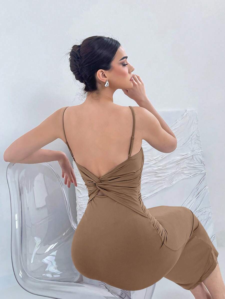 Aloruh Vestido sin espalda con lazada en la espalda y sin mangas, elástico para el verano - Marrón - Ver 1