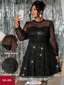 SHEIN CURVE+ Đầm dài tay in họa tiết kim tuyến cỡ lớn cho nữ, mùa xuân và mùa hè - màu đen - Xem 1