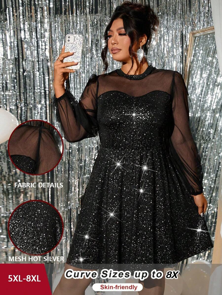 SHEIN CURVE+ Đầm dài tay in họa tiết kim tuyến cỡ lớn cho nữ, mùa xuân và mùa hè - màu đen - Xem 1