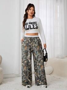 SHEIN EZwear 大码女士休闲树枝印花宽松裤，适合春秋季节