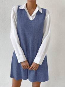 Calvaya Women V-Neck Knit Sweater Dress, Casual For Autumn/Winter