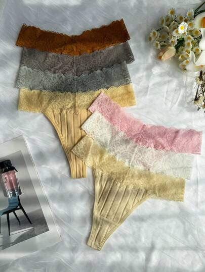 7pcs/Pack Feminine Lace Trim Sweet Lace Crotch Thong Panties Set