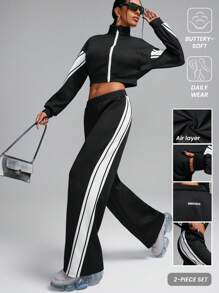 Innovista Loose Fit Air Layer Knitted Zip-Up Zip Up Colorblock Sets, 2pcs, Cropped Jacket, Splicing Design Sports Jogger, Sweatpants, Casual & Daily Tracksuit, Jersey, Winter Women Clothes, Fall Winter Women Outfit,Tracksuit