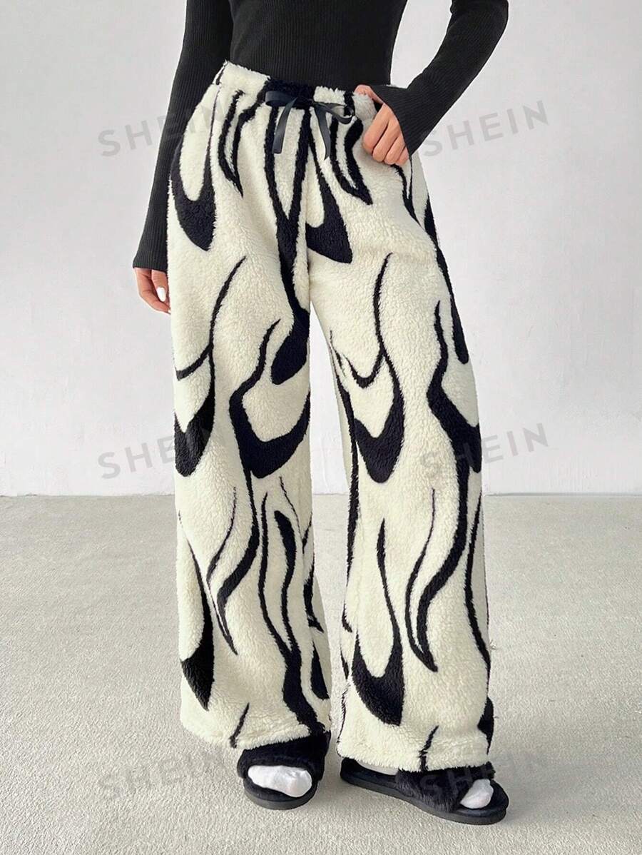 SHEIN PETITE Pantalones anchos y sueltos de pierna ancha con cintura de lazo y estampado de cebra casuales para mujer