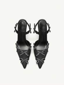 CUCCOO CHICEST Ladies Sharp Toe Stiletto High Heels Black Satin Bow Rhinestone Decorated Pumps For Christmas And New Year Holiday Vibe Fall And Winter
