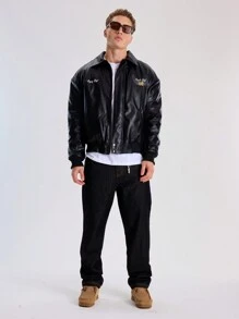 Musero 男士立领 PU 飞行俱乐部夹克 - 軍綠色 - 查看 3