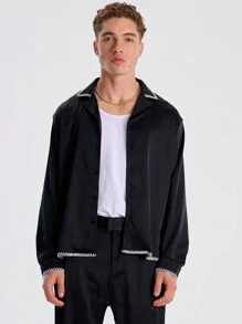 Musero Long Sleeve Light Weight Satin Button Through Shirt Revere Collar Contrast Stitch Top Spring Summer Essentials - Black - View 1