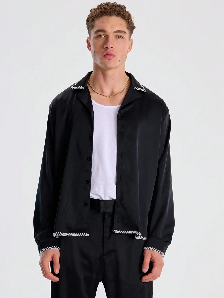 Musero Long Sleeve Light Weight Satin Button Through Shirt Revere Collar Contrast Stitch Top Spring Summer Essentials - Black - View 1
