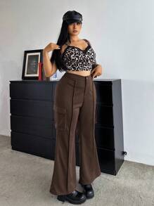 SHEIN Unity High Waisted Slim Fit Flare Leg Cargo Pants With Pockets, Fashionable Plus Size Casual Trousers, Autumn New Arrival Fall Cloth For Women - Coffee Brown - View 6