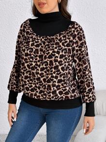 Plus Size Women Casual Chiffon Leopard Patchwork Elastic Ribbed Funnel Neck Cinched Shirt, Fall - Brown - View 3