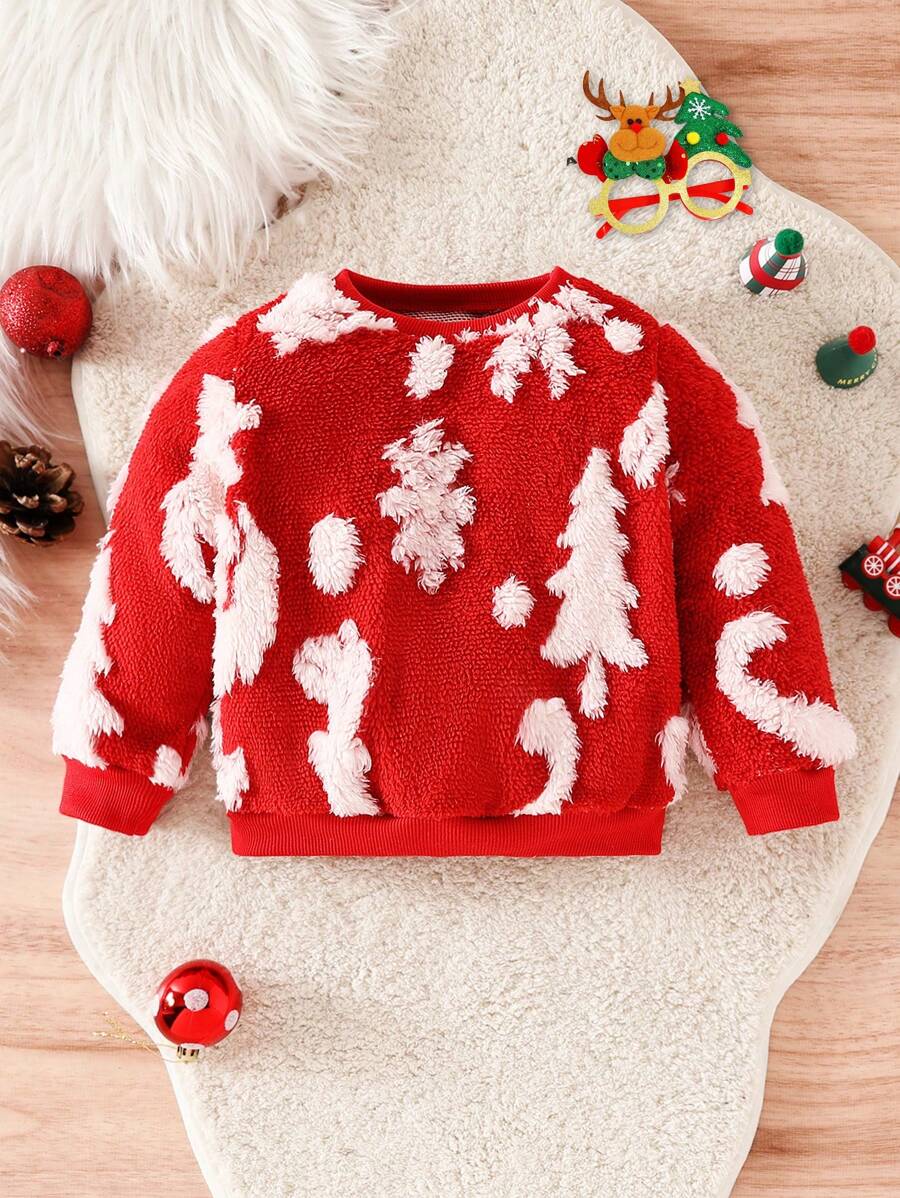 Baby Boy Family Matching Christmas Sweatshirt, Casual Santa Claus, Reindeer, Snowflake & Christmas Tree Allover Print Long Sleeve Pullover, Holiday Family Outfit - Red - View 1