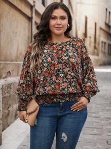 SHEIN LUNE 大码女式花卉印花泡泡袖褶皱下摆衬衫，充满度假气息，春秋季大码秋装