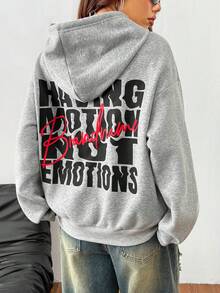 Muchica 女士秋冬情侣款同款返校基本款针织图案保暖内衬灰色宽松连帽长袖连帽衫运动衫 - 灰色 - 查看 5