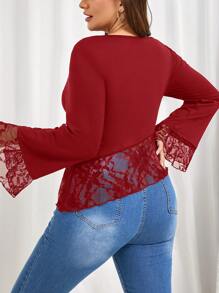 SHEIN Frenchy Plus Size Asymmetrical T-Shirt With French Minimalist Lace Patchwork, Black