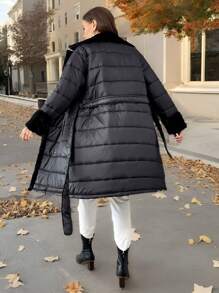 SHEIN Privé 大码女式羊毛拼接收腰长款加厚外套，立领，口袋，加厚保暖黑色外套，秋冬 - 黑色 - 查看 3