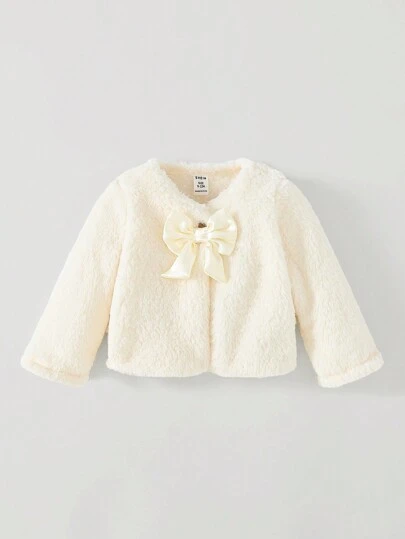 SHEIN Elladie kids Baby Girl Warm Fuzzy Bow Dekorjacka, mångsidig för utflykter och vardagskläder, höst/vinter