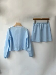 INAWLY 2pcs Women Minimalist Solid Color Tie-Up Long Sleeve Top And Skirt Set - Blue - View 4