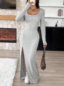 SHEIN EZwear 女式新款方领长袖高开叉蓬松罗纹连衣裙