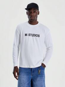 Musero Long Sleeve Crew Neck Slim Fitted "M STUDIOS" Graphic Print Tshirt SPRING SUMMER Essentials Layering - White - View 4