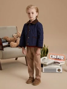 PrepCrw Áo khoác tay dài màu khối dệt trơn màu xanh lam phong cách đại học cho bé trai, mùa thu/đông - Màu xanh lam - Xem 3