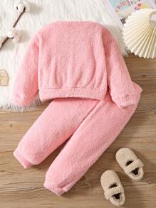 SHEIN 2 件女童可爱猫咪与心形图案刺绣圆领长袖柔软毛绒睡衣套装，适合秋冬季 - 淺粉色 - 查看 2